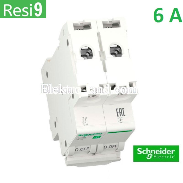 Автоматический выключатель 2Р 6А, C, 6кА, Schneider Electric RESI9 (R9F12206)